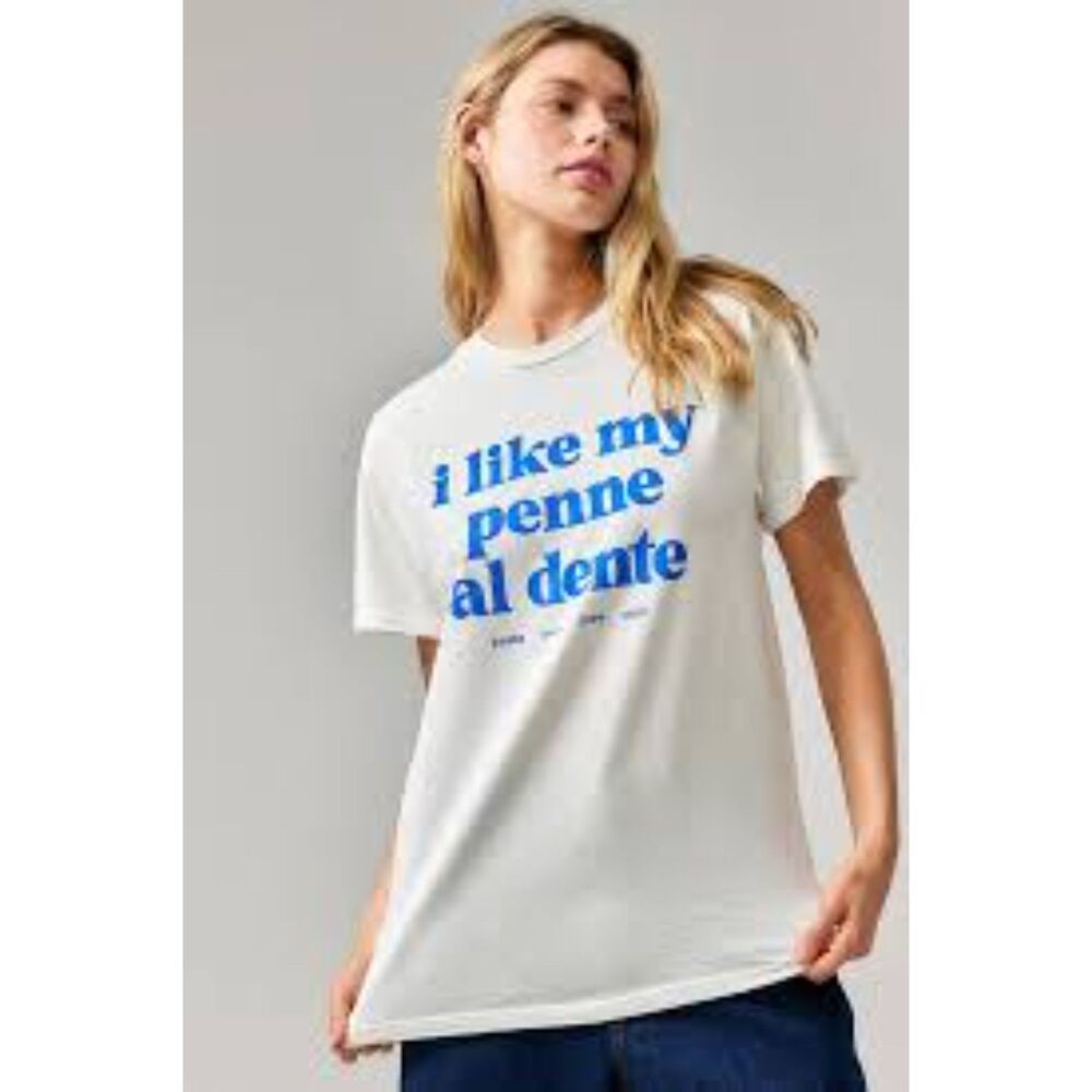 NWT BDG Urban Outfitters White S/M Crew Neck Boyfriend Tee "I like my penne"